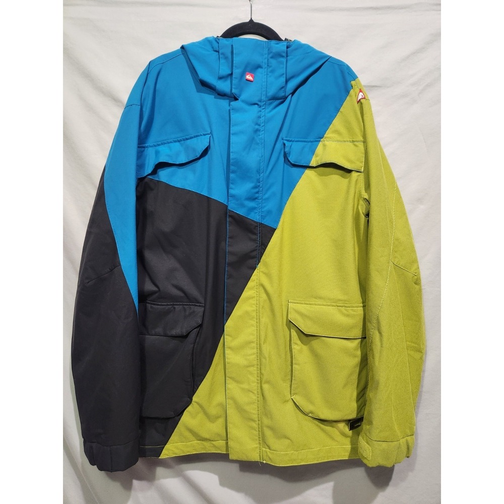 Quiksilver Snowboard Jacket Mens Large Blue Green Colorblock 20k Waterproof Hood